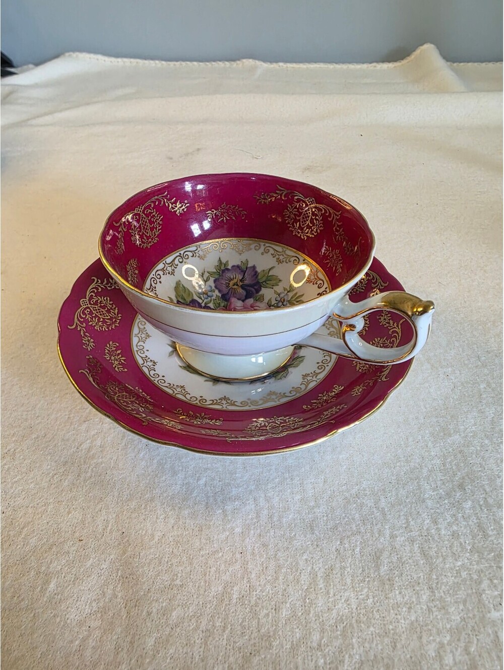 Vintage Shafford Japan Teacup & Saucer Raspberry Floral Roses Gold Trim